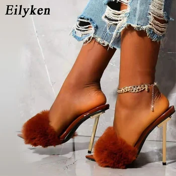 Eilyken/Модни дамски Чехли От Изкуствена кожа на Висок Ток, Сандали, Чехли, Джапанки с остри пръсти, Вечерни Обувки