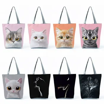 Индивидуални 3D Чанти с Котки за Момичета, Практически Ежедневни Офис Чанта-Тоут, Ежедневни Черни дамски Чанти на Рамо с Принтом Kawai за Пазаруване И Пътуване