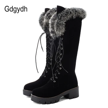 Gdgydh/зимни обувки дантела, дамски зимни обувки, дамски ботуши от естествена кожа, велурени ботуши до коляното на дебелите ток, топла улични ботуши с цип, Голям Размер на 43