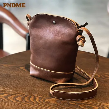PNDME оригинална дамска чанта ръчна изработка в ретро стил от мека естествена кожа, мобилен телефон, малка квадратна чанта-торба, чанта през рамо