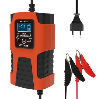 Зарядно устройство FOXSUR 6V 12V 2A, 3-стъпално автоматично зарядно устройство за повечето видове батерии, включително калциевите, гел и AGM, мокри