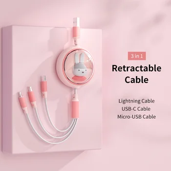 Miffy Прибиращ се кабел 3 в 1 C USB Кабел за iPhone 13 14 Зарядно Устройство, USB Type C Бързо Зареждане за 14Pro Samsung Xiaomi