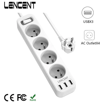 Удължител LENCENT с 4 френски контакти и 3 USB порта, мулти-Контакти с ключ за включване / изключване, кабелна розетка от 1,5 м за Дома / Офиса