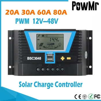 PWM Слънчев контролер 20A 30A 60A 80A 12/24 или 12 24 36 48 В Литиева батерия Регулатор на светлина Двойно време за контрол и USB