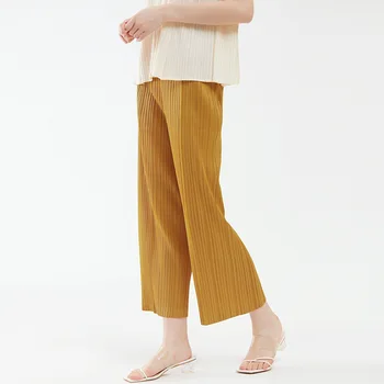 Нови обикновена широки панталони Miyake дамски летни тънки нови удобни нагънат прави панталони с висока талия, женски