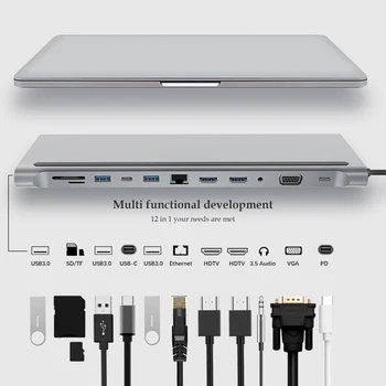 Нов 12 В 1 C USB Докинг Станция Двойна hdmiсовместимый RJ-45, VGA Многопортовый Адаптер Ключ За Лаптоп MacBook Dell XPS Hp ThinkP