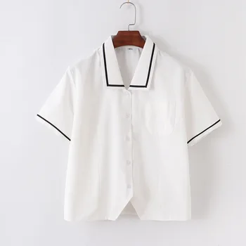 Яка черна ивица с Къс ръкав дамски риза Лятна Японската Аниме Бяла риза