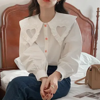 WDMSNA Корея Есенна Скъпа Блуза С Яка Кукла, Дамски Шик Отворена Блуза Love Blusas Mujer, Свободна Бяла Риза С Дълъг Ръкав, Дамски