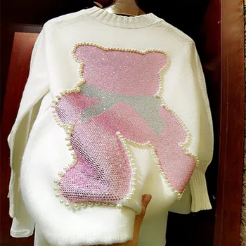 Планински Кристал, Перли вязаный пуловер жените есен-зима на мода Розово Голяма Мечка Лук Универсални пуловери