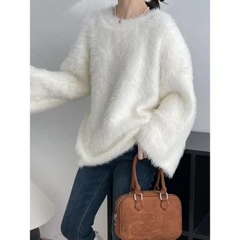 Млечен пуловер, пуловер, женски зимен корейски пуловер с кръгло деколте и дълъг ръкав, всекидневни вятърна тънък висококачествен мек восък пуловер, пуловер, жена