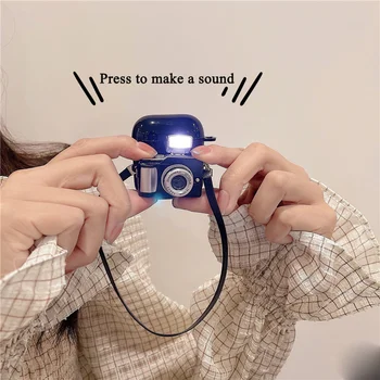 INS Корея Стилен 3D Фотоапарат Може да Светне Калъф За Слушалки Airpods 3 Pro 1 2 Анти-изгубена Гривна Гланц Защитен Мек Калъф