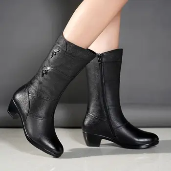 Comemore/ дамски високи ботуши до средата на прасците на нисък ток, по-големи Размери 42, дамски плюшени топли обувки на Челси на мълния, есенно-зимни обувки