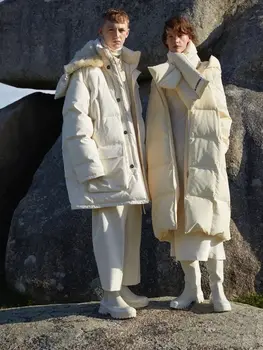 Fit -30 ℃ Зимен стил хляб на дебели топли естествени якета на утином топола женски извънгабаритни паркове с качулка, дълги якета топло палто F675