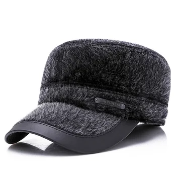 Зимна мъжка шапка на средна и напреднала възраст с плосък покрив, градинска дебела топла капачка за защита на ушите от изкуствена кожа