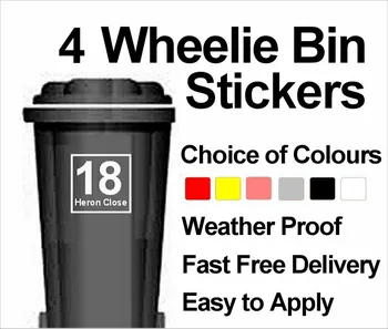 4 x Wheelie Bin Индивидуални Винилови стикери Етикети Името на дома или Номер и Наименование на пътя